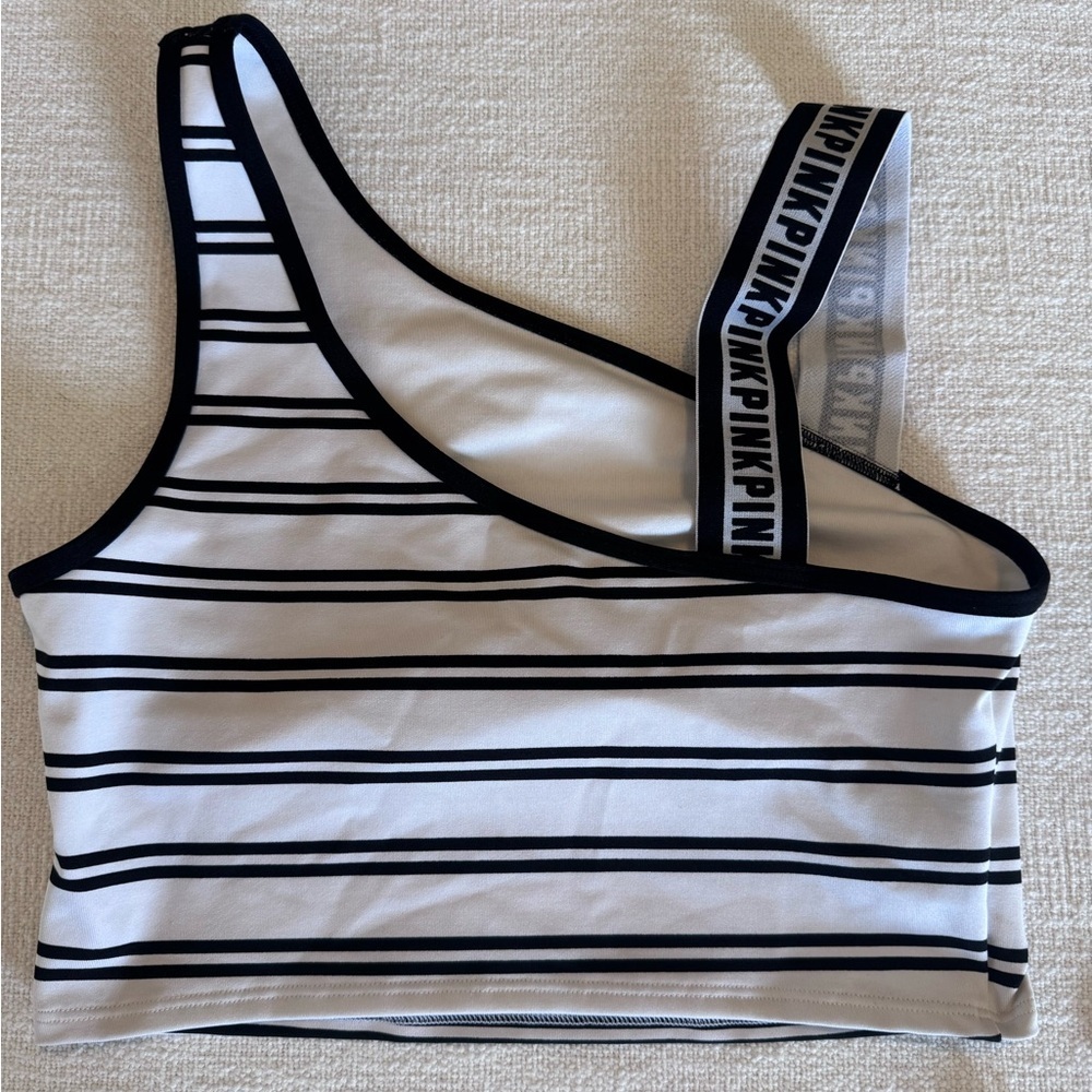 PINK Victoria's Secret Ultimate SZ M Logo Strap Sports Bra Black White Striped